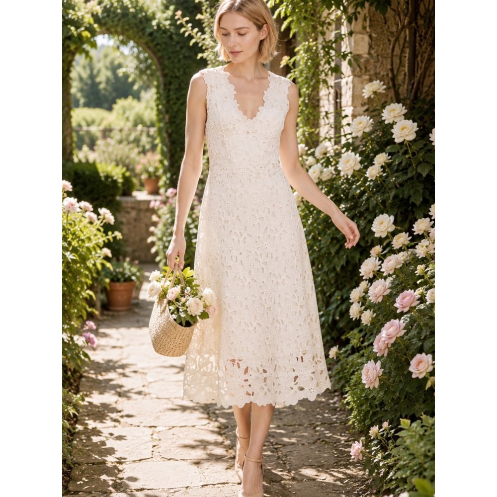 Vince Ivory‎ Eyelet Lace Midi Sheath Dress V-Neck Cotton Romantic Resort 6 NWOT